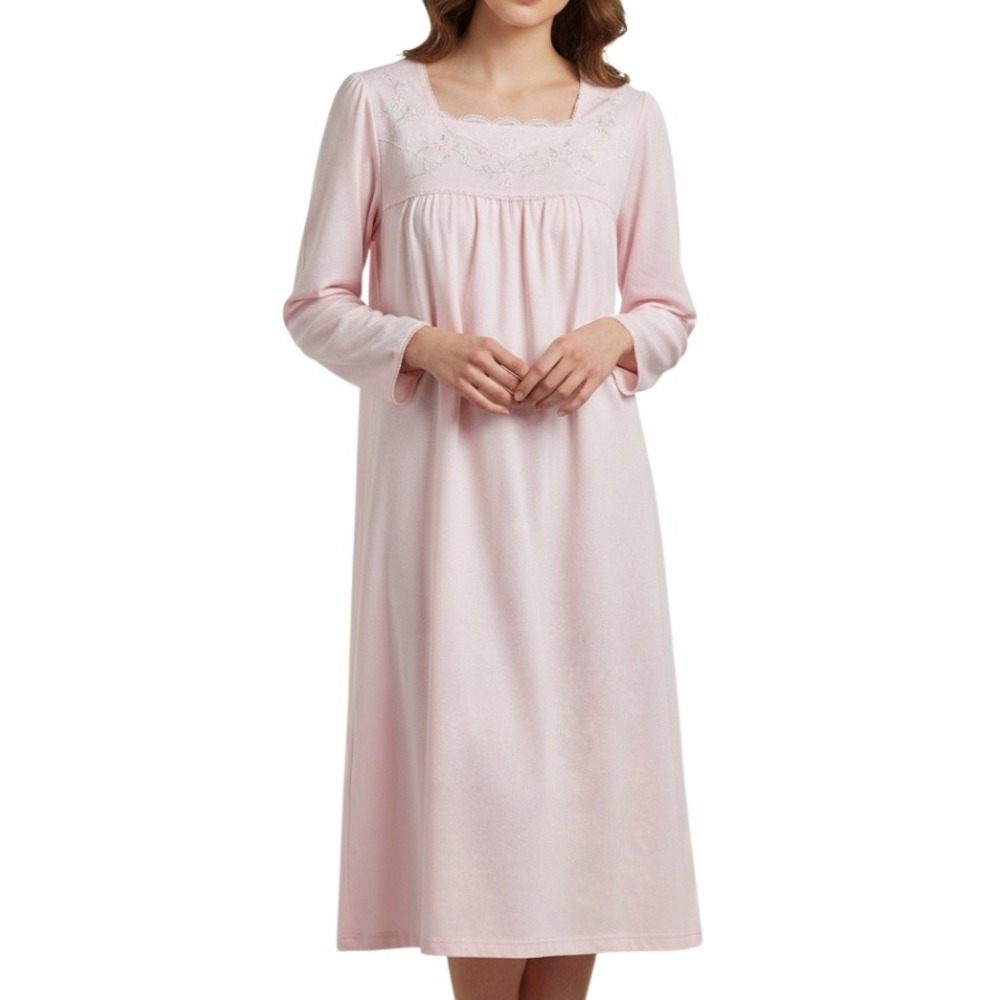 GO SOFTLY Night Gown PINK Floral Jacquard Embroidered Yoke LACE DETAIL XS